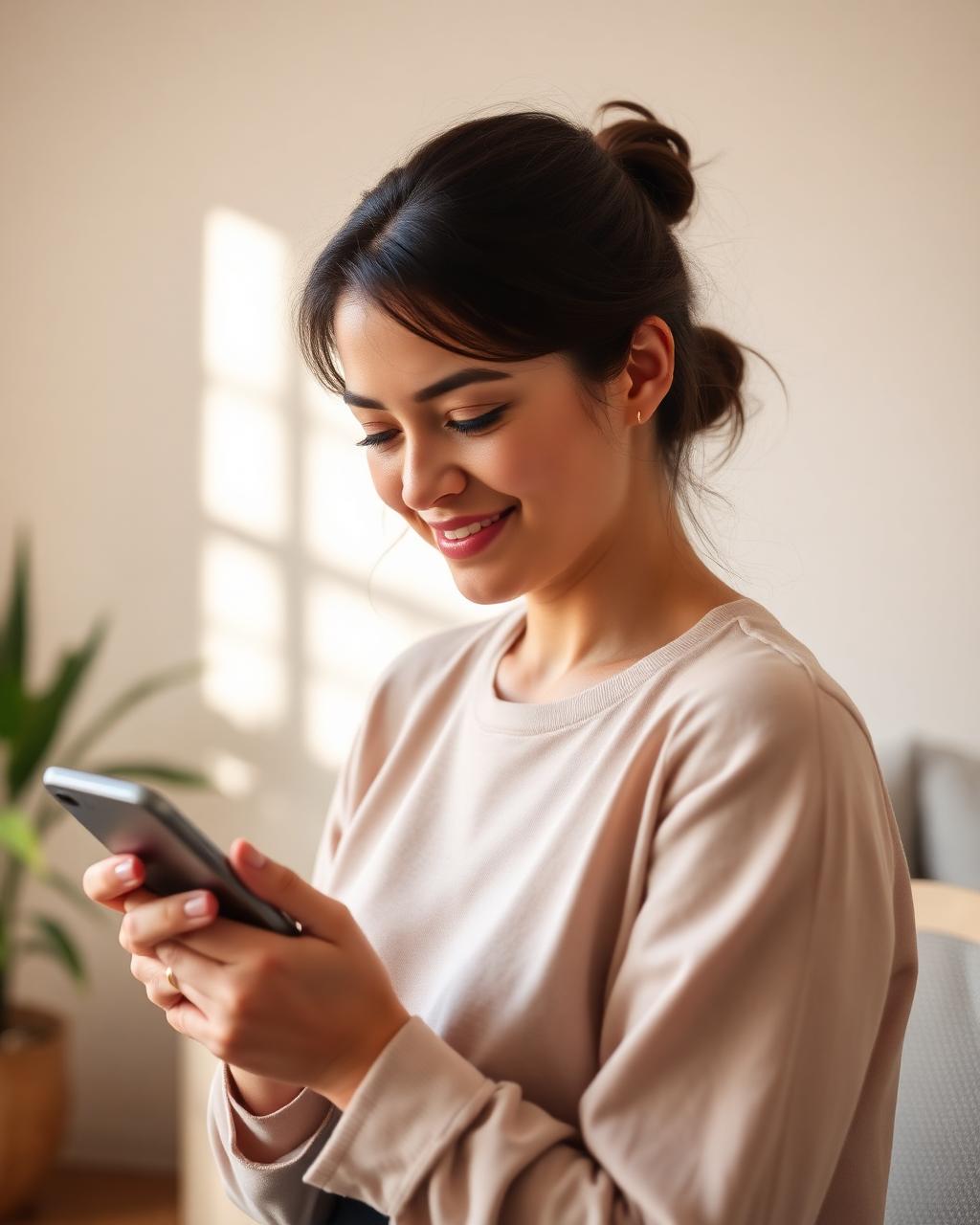 A working mother using Mira on her phone